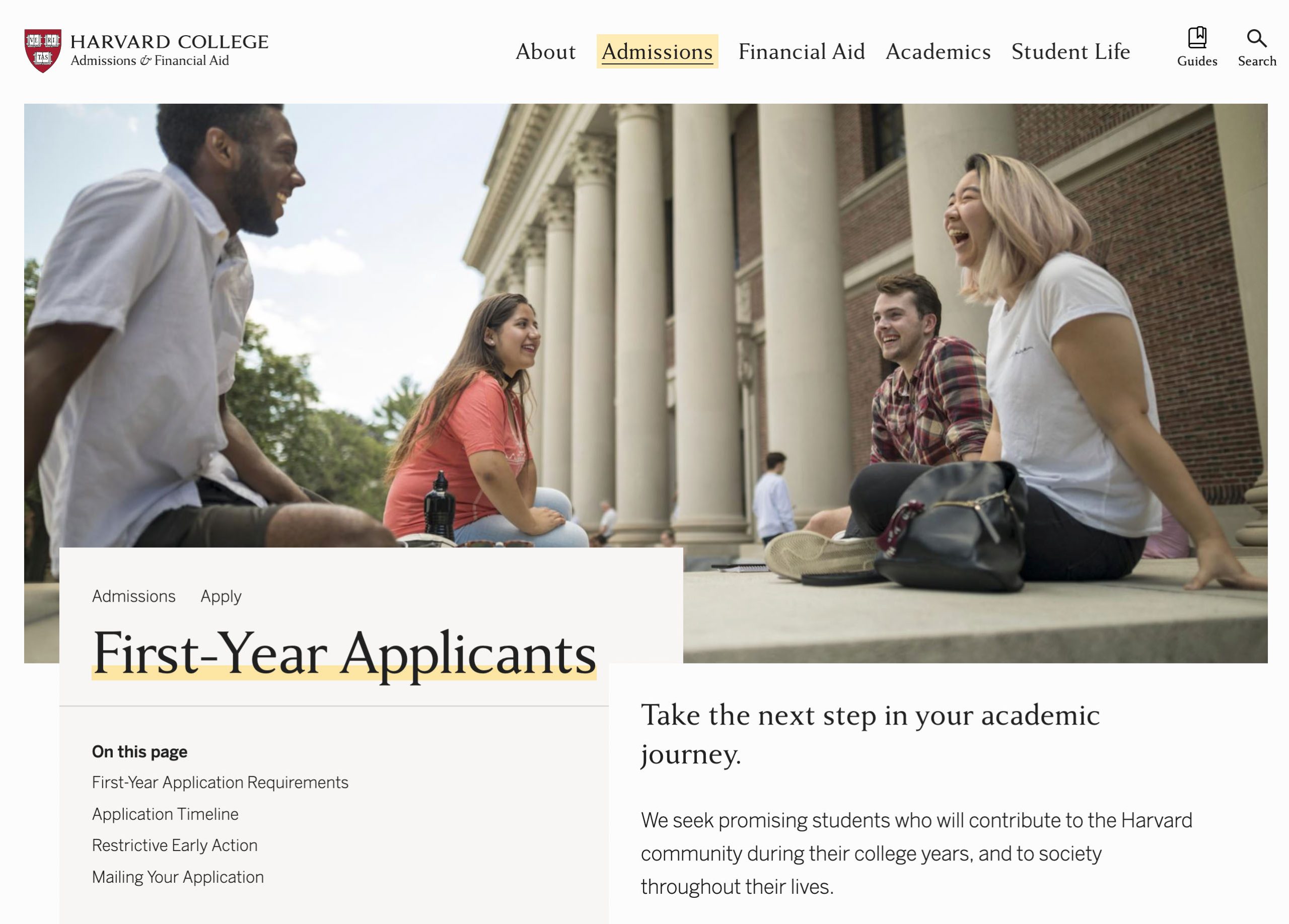 Harvard Admission website screenshot, students sitting together on Widener Library steps