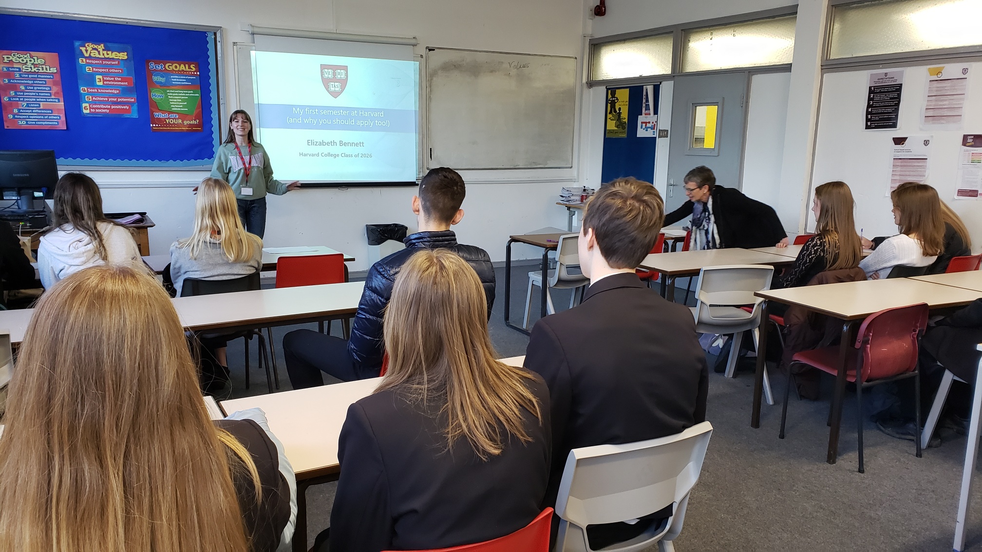 Elizabeth Bennett, a first-year student at Harvard College, gives a talk about her first semester to students at her old school, King Edward VI High School, Morpeth, Northumberland.